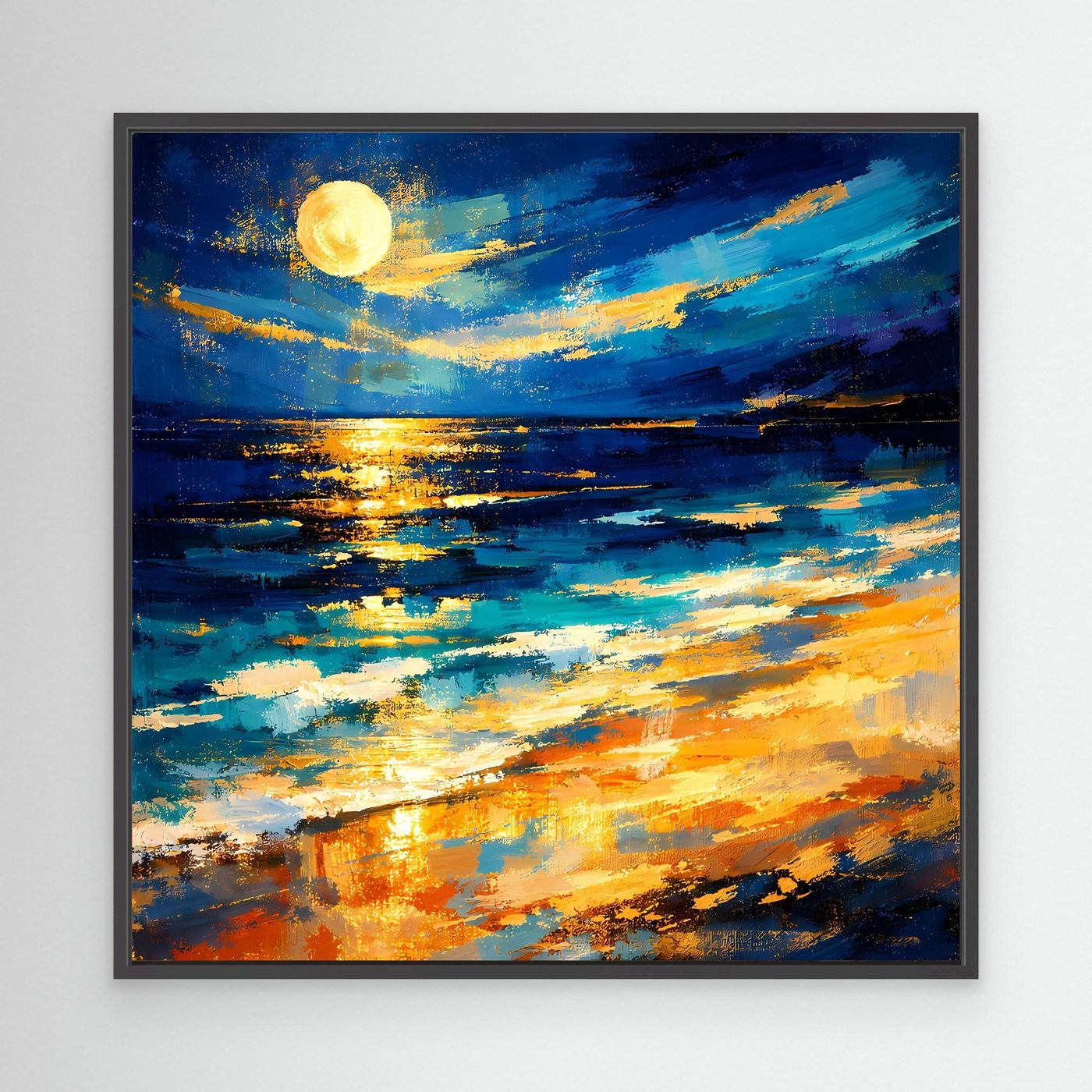 Leinwandbild mit leuchtendem Vollmond über abstraktem Meer, Blau- und Goldtöne im schwarzen Rahmen