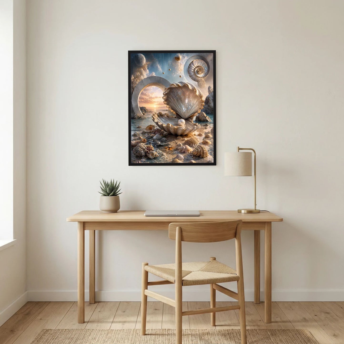 Poster im schwarzen Rahmen mit Perlmutt-Muschel und Perle auf Meerlandschaft in Creme/Gold