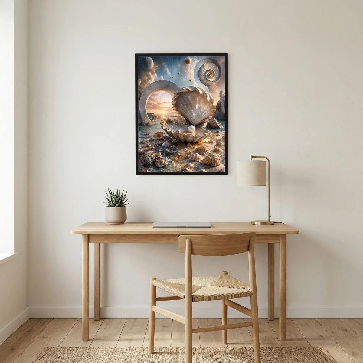 Poster im schwarzen Rahmen mit Perlmutt-Muschel und Perle auf Meerlandschaft in Creme/Gold