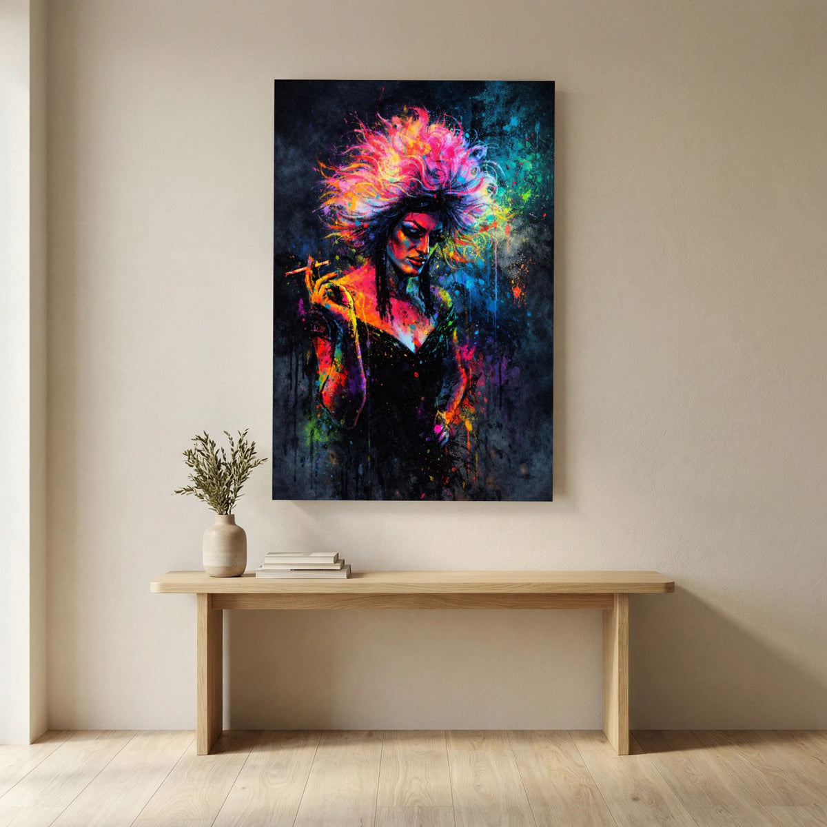 Hochformatiges Poster einer Drag-Queen mit Zigarette, bunte Perücke und Farbspritzer