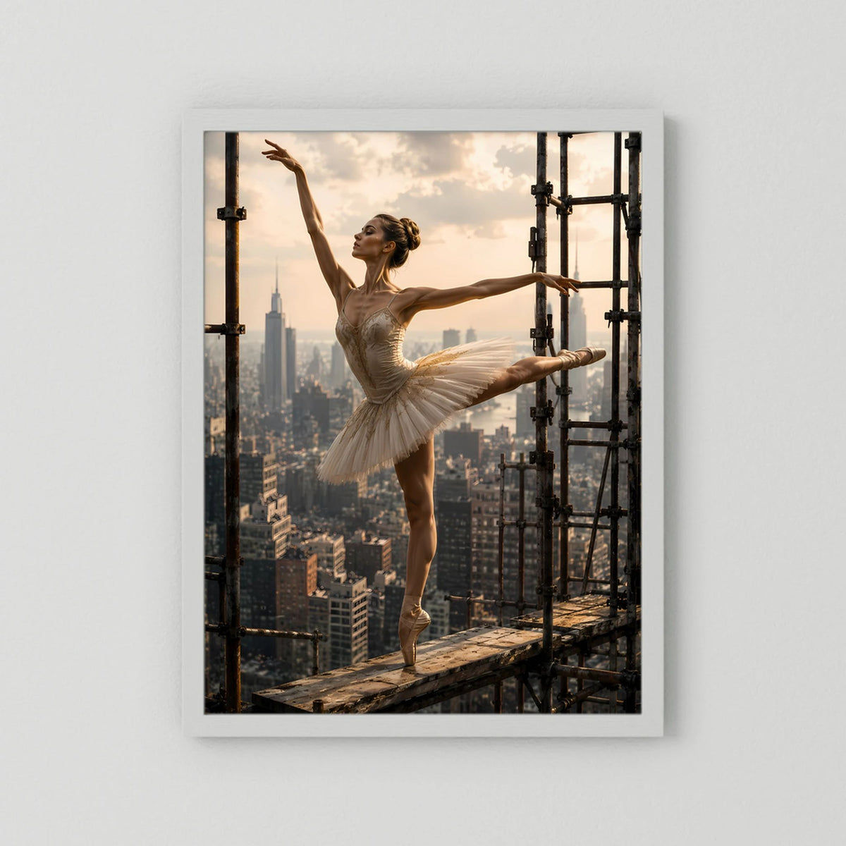 Poster Hochformat: Ballerina im beigen Tutu vor Skyline, weißer Rahmen