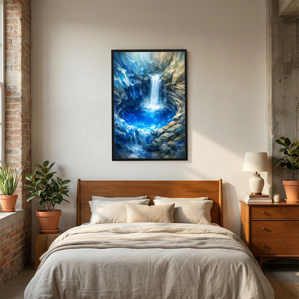 Poster im Hochformat mit abstraktem Wasserfall in Blau/Türkis, schwarzer Rahmen