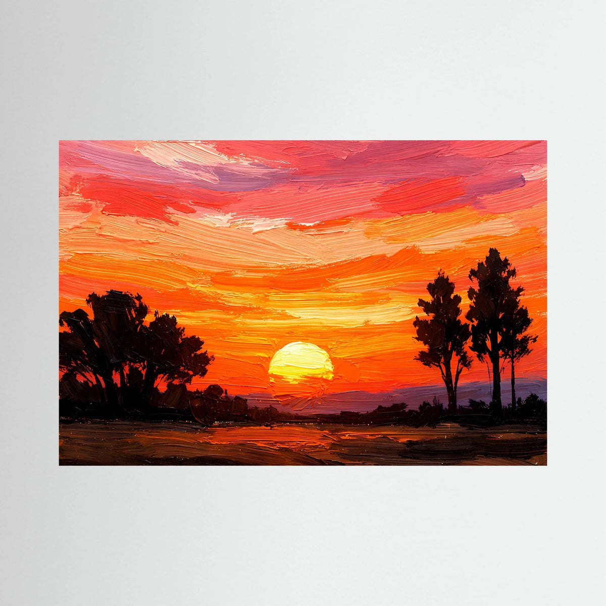 Acryl-Kunstwerk im Querformat: roter Sonnenuntergang über See mit Baum-Silhouetten