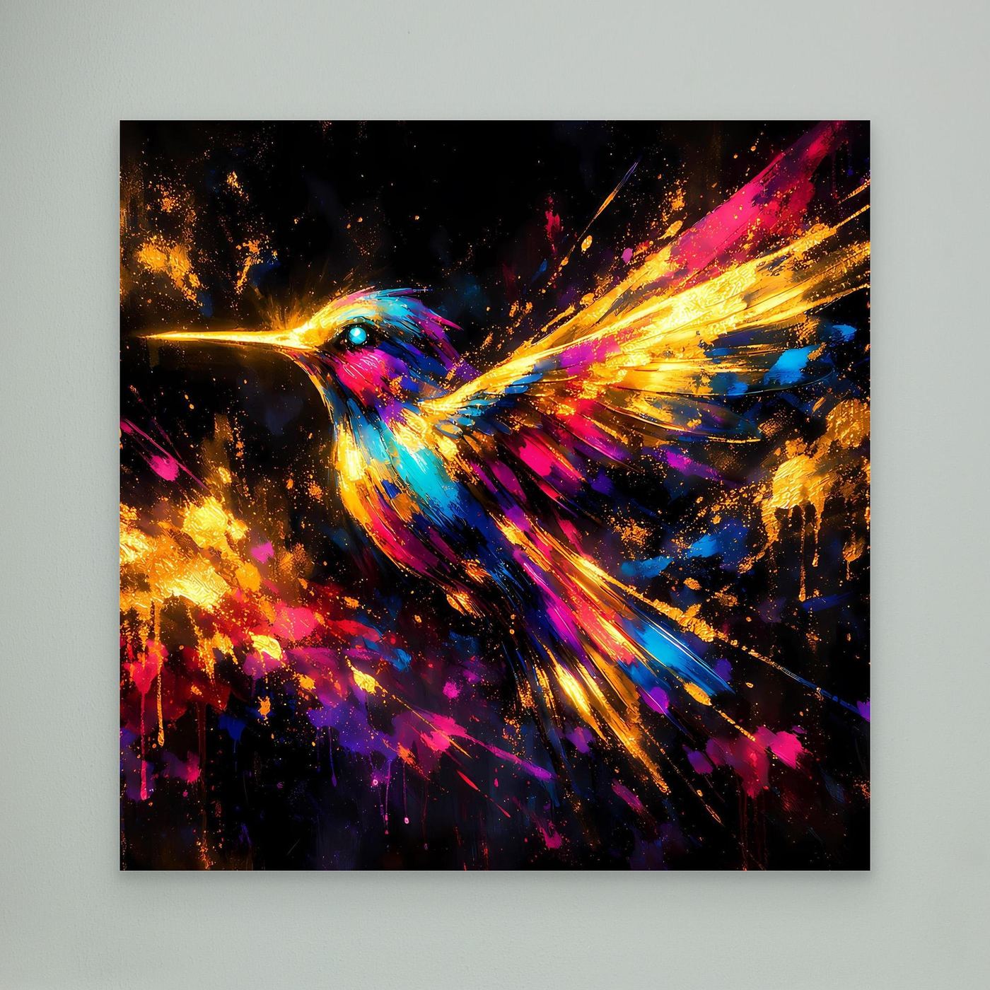 Leinwand Farbenfroher Kolibri im Flug | Abstraktes Modernes Wandbild Bunt