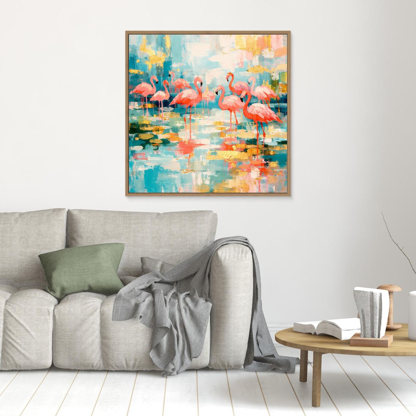 Leinwandbild mit abstrakten Flamingos im bunten Farbverlauf, goldbrauner Rahmen