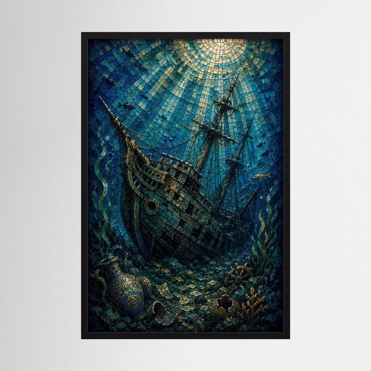 Gerahmtes Poster mit Mosaik-Motiv: versunkenes Segelschiff unter Wasser in Blau und Gold