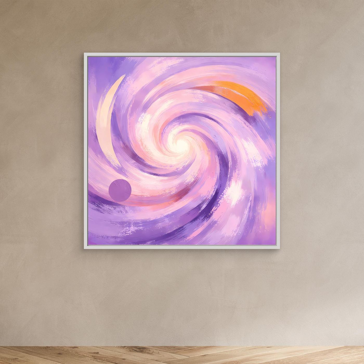 Leinwandbild mit abstraktem Pastell-Wirbel in Flieder und Rosa, weißer Rahmen