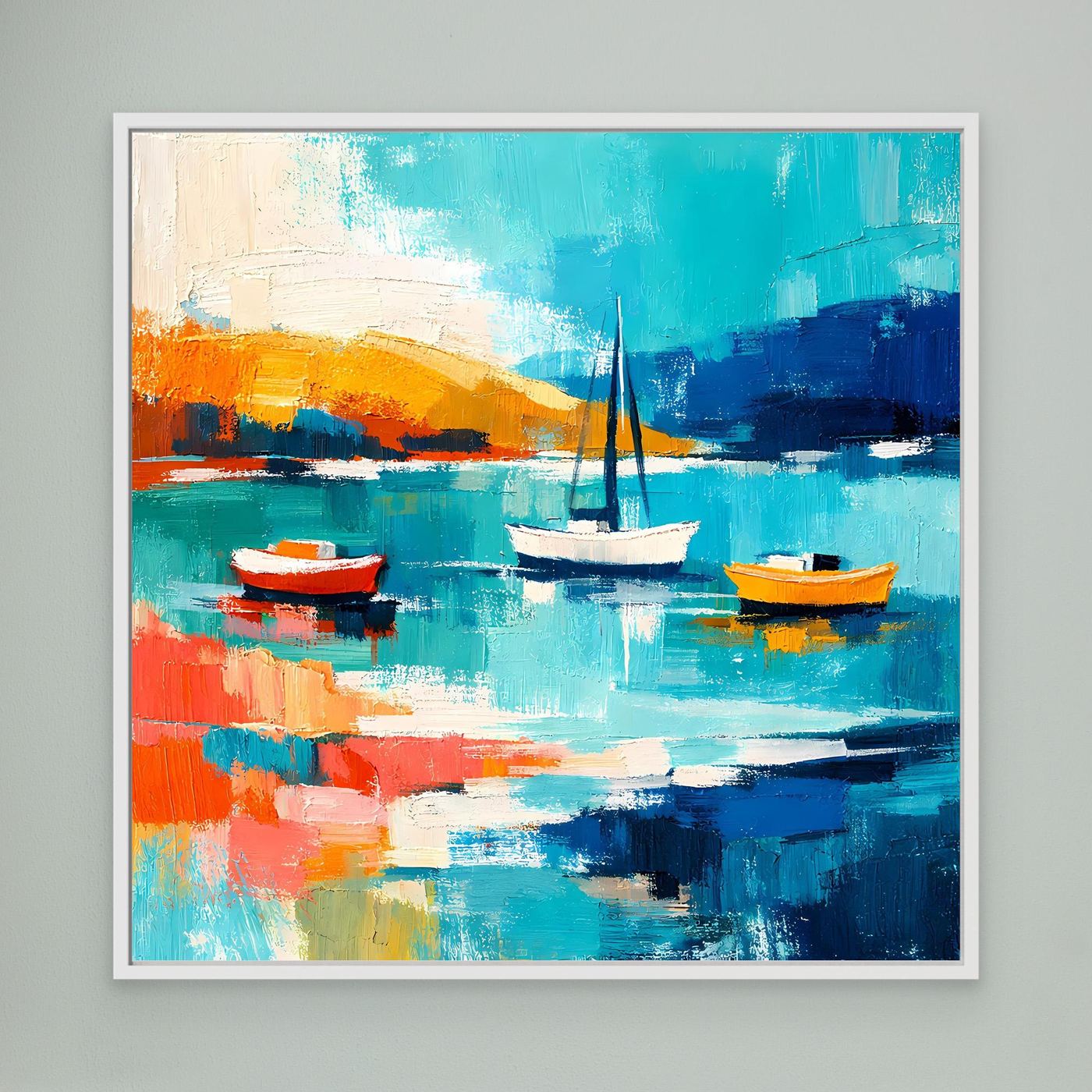 Framed abstract sailboat wall art with teal water and orange boats, central sail