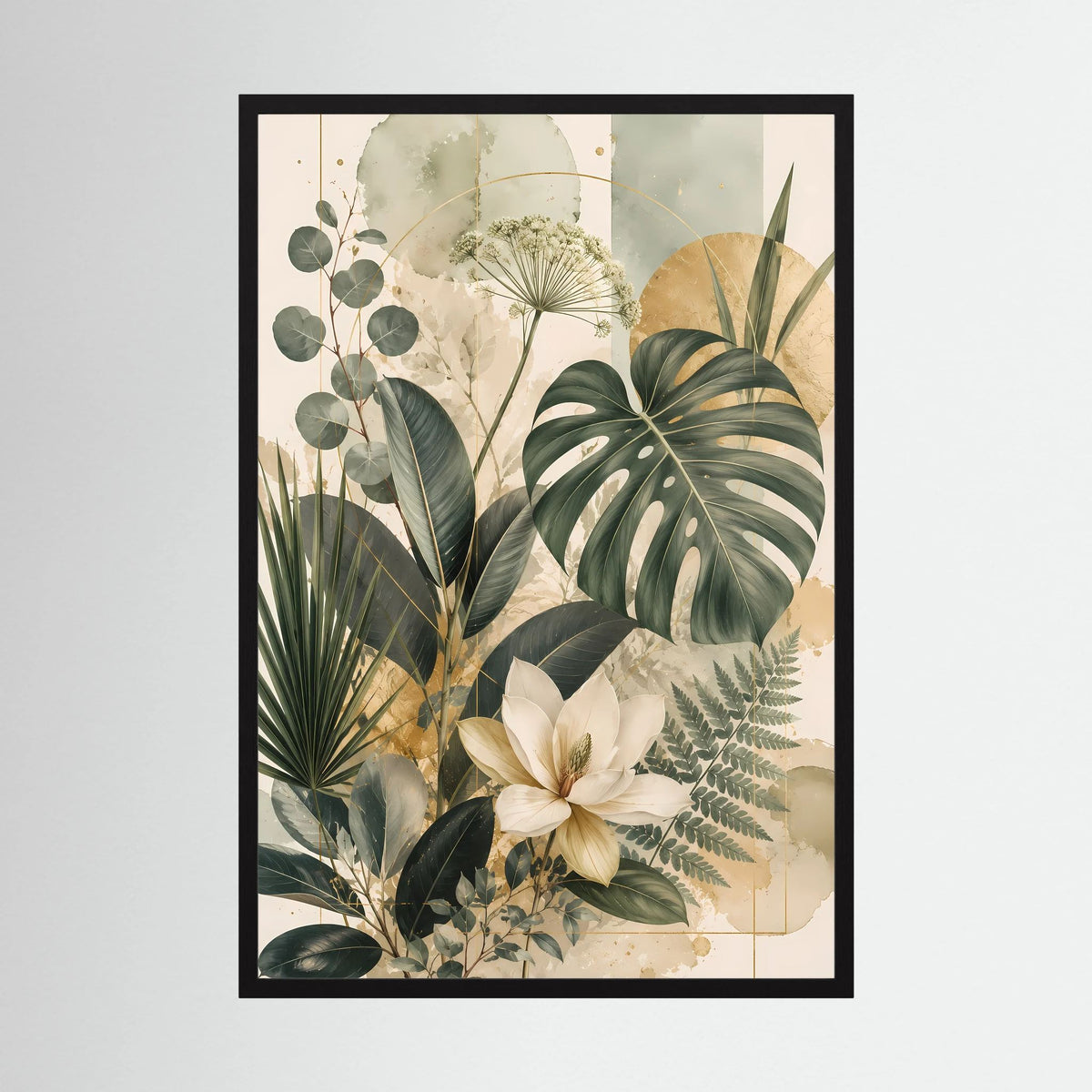 Hochformatiges Poster mit grünen Monstera- und Magnolienblättern im Goldlook, schwarzer Rahmen