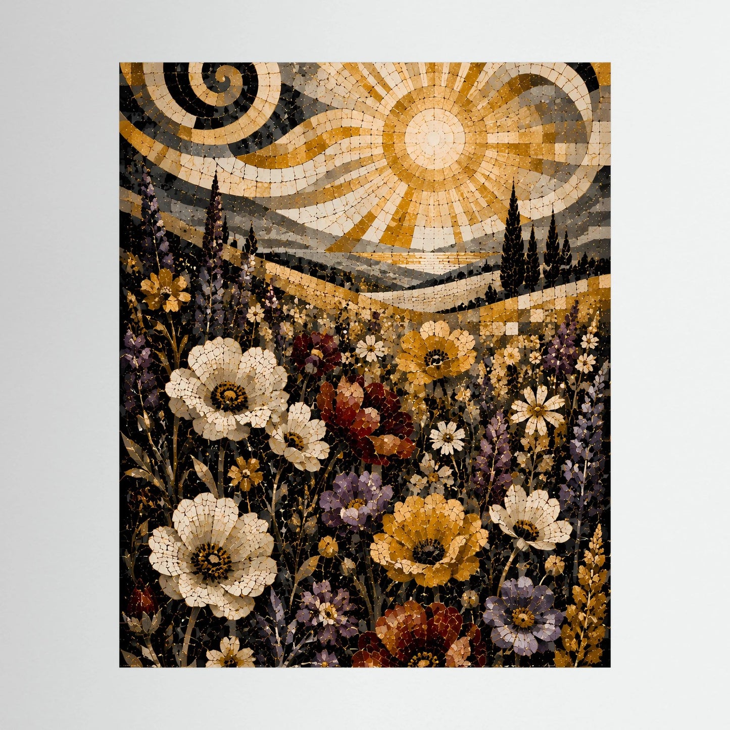 Poster im Mosaikstil mit goldener Sonne und bunten Wildblumen im Landschaftsmotiv