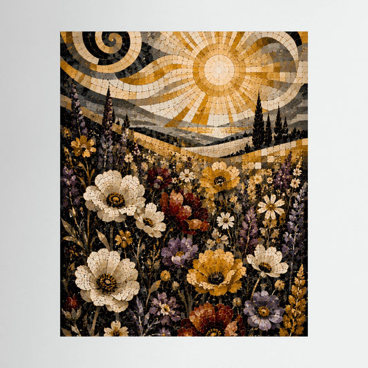 Poster im Mosaikstil mit goldener Sonne und bunten Wildblumen im Landschaftsmotiv
