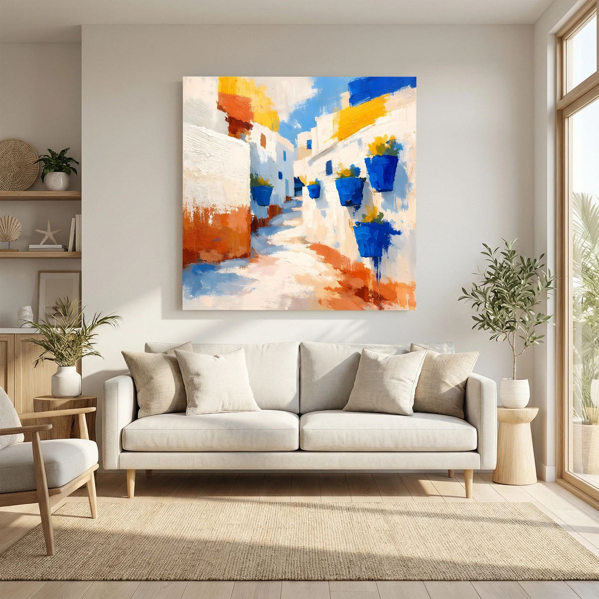 Abstraktes Leinwand-Wandbild einer Gasse mit blauen Blumentöpfen und gelb-blauen Akzenten