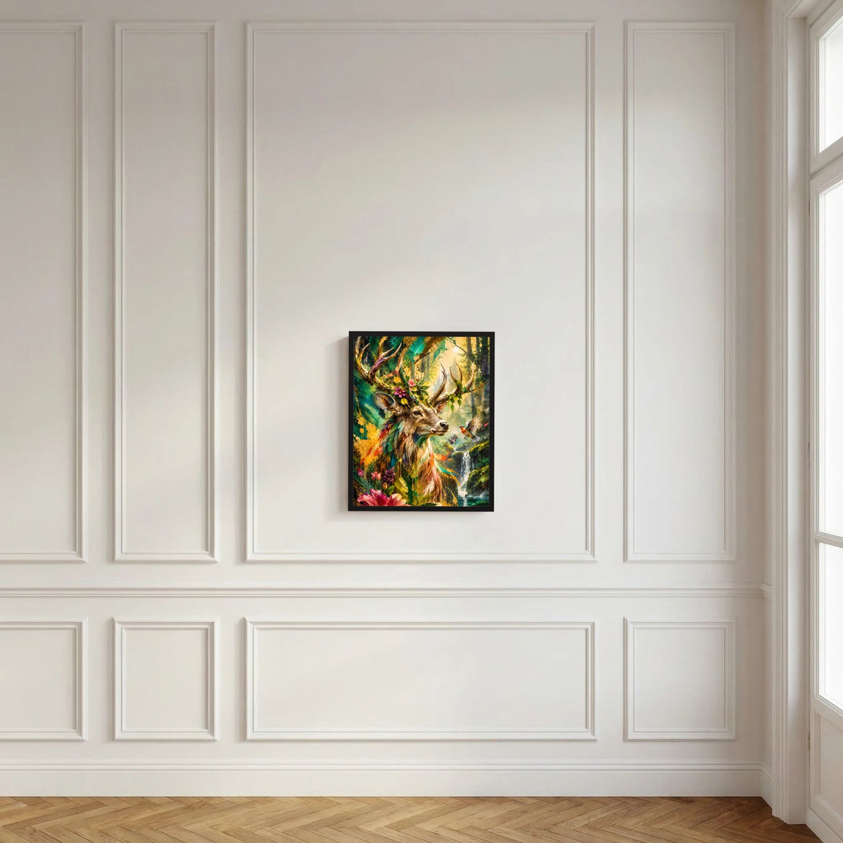 Gerahmtes Tierposter mit Hirsch im bunten Wald, Geweih, Blumen und Wasserfall