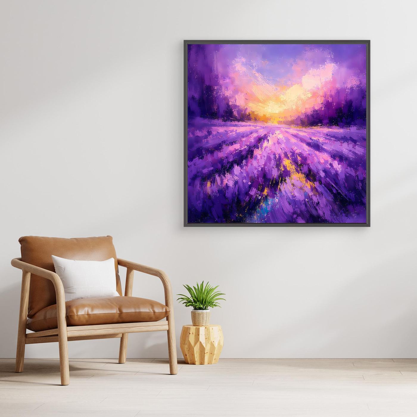 Gerahmtes Leinwand-Wandbild mit lila Lavendelfeld, abstrakter Landschaft und goldener Sonne