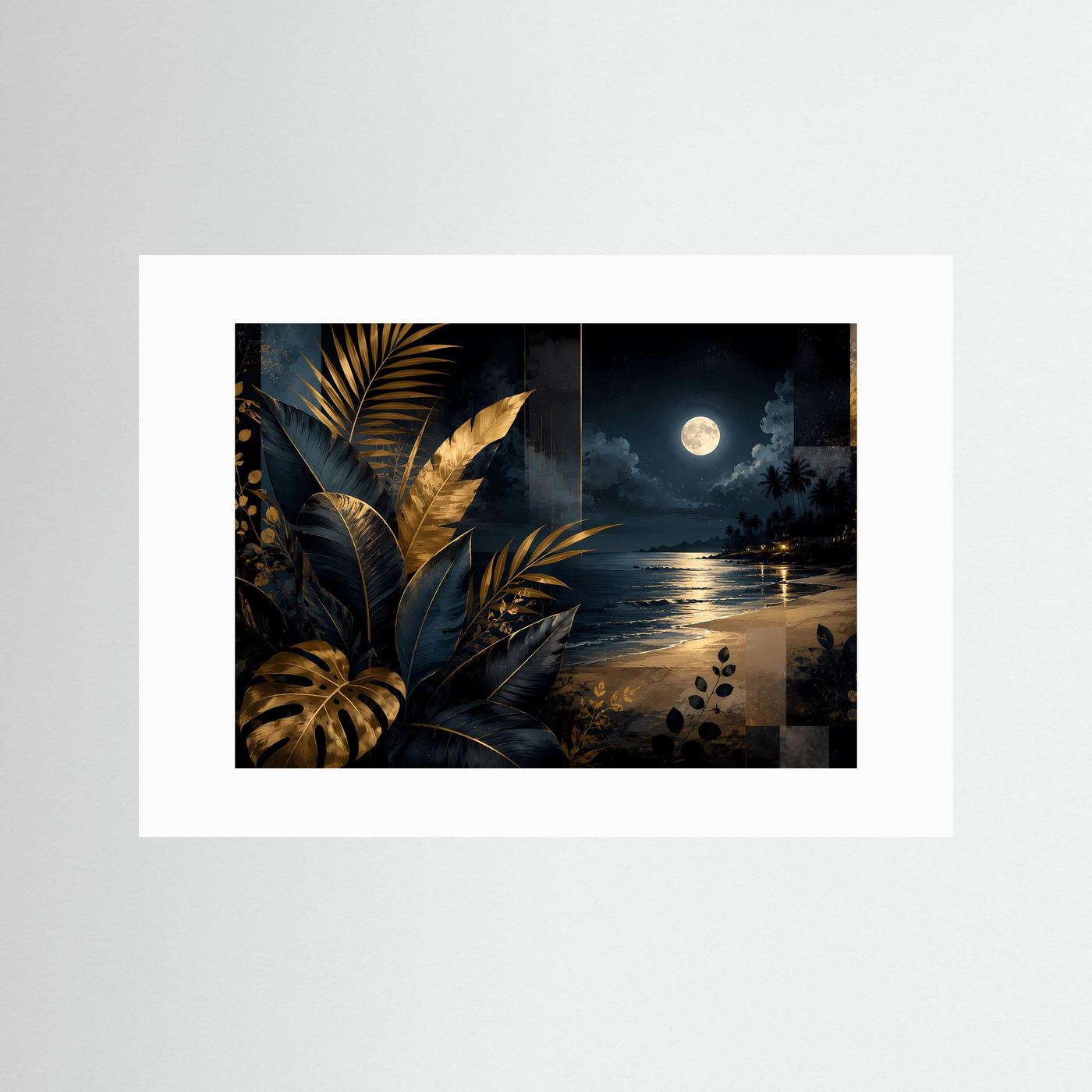 Querformat-Poster im weißen Passepartout mit Vollmond und tropischem Blättermotiv über dem Strand.