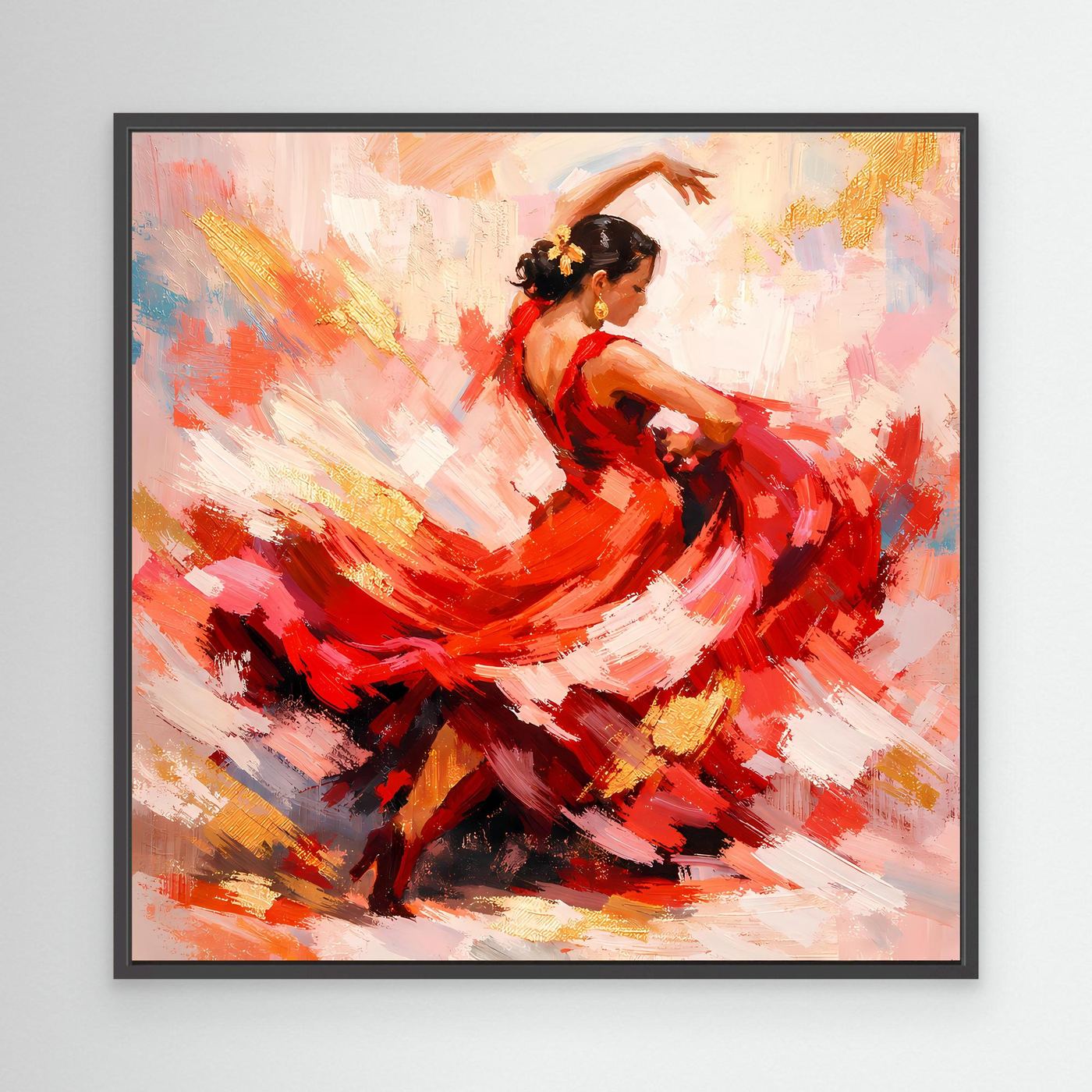 Leinwandbild mit abstrakter Flamenco-Tänzerin im roten Kleid, im schwarzen Rahmen