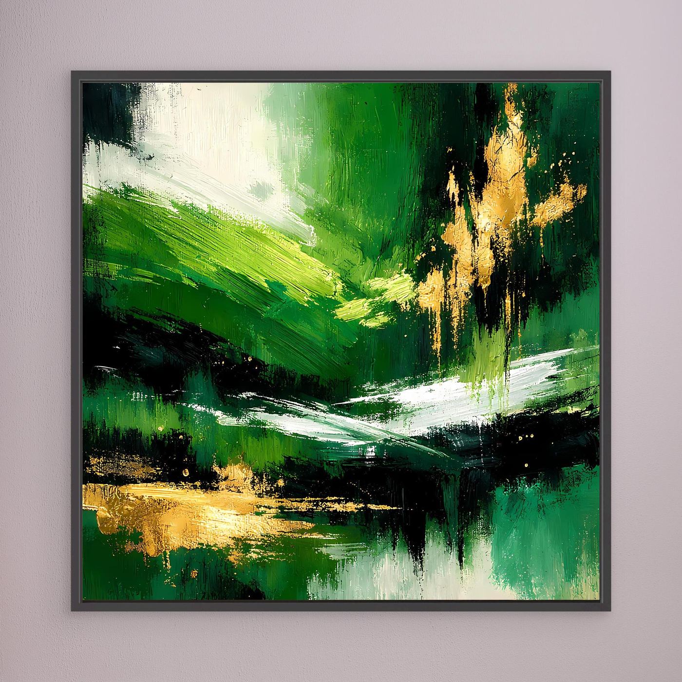 Leinwand Abstraktes Landschaftsgemälde in Smaragdgrün und Gold | Modernes Natur Wandbild