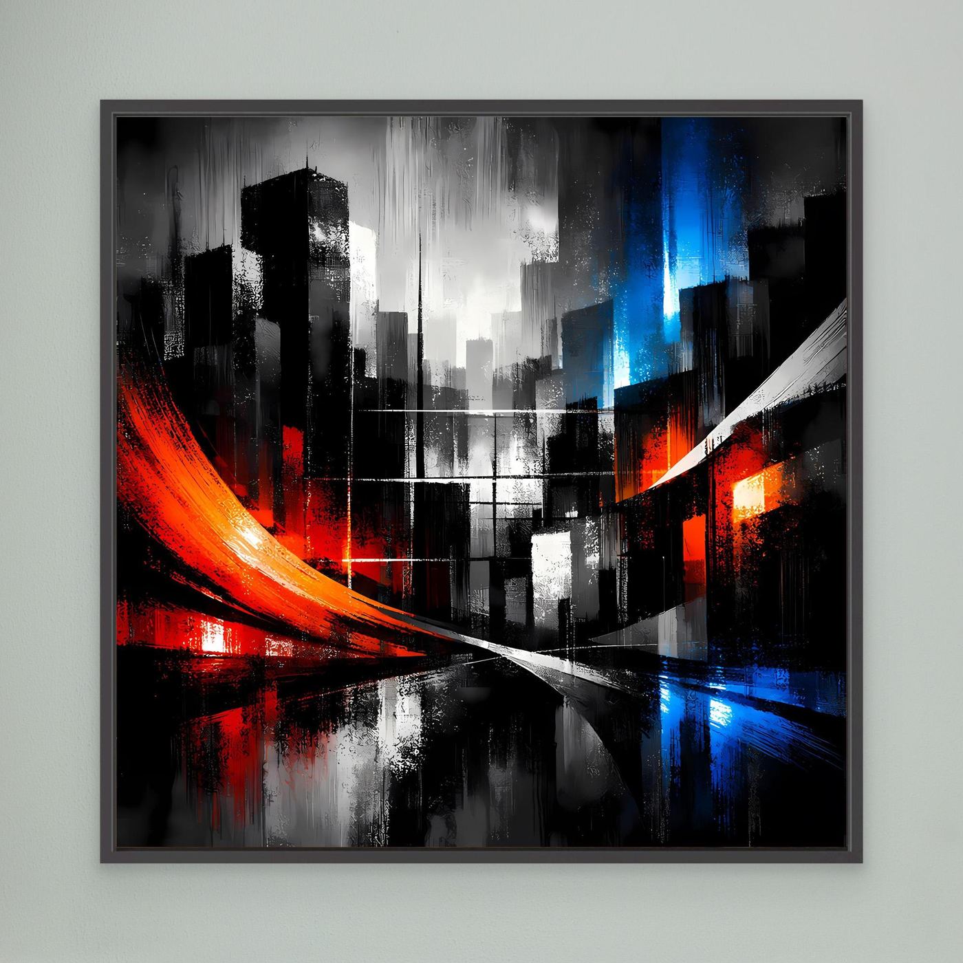 Leinwand-Wandbild mit abstrakter Skyline, rote und blaue Lichtspuren, schwarz gerahmt