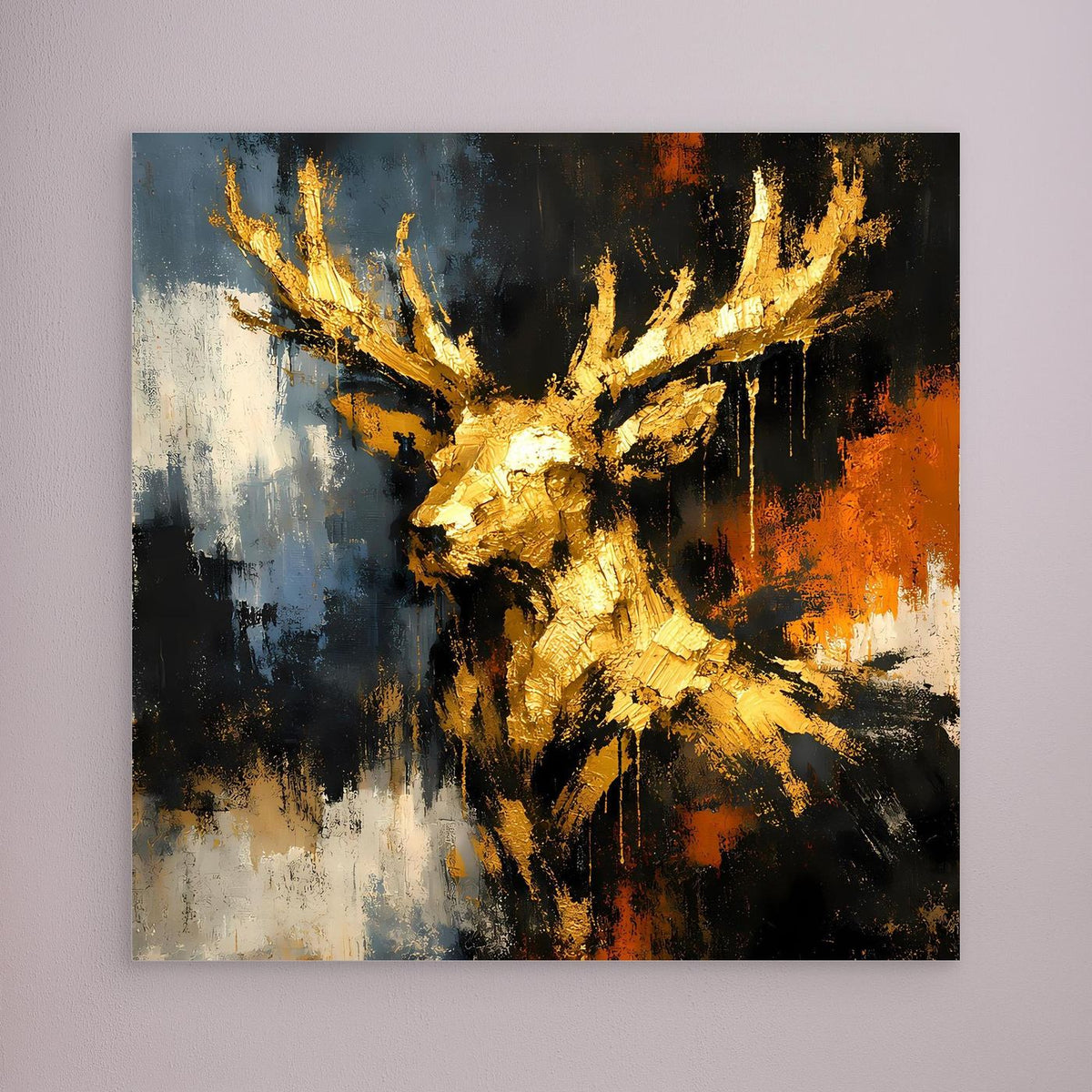 Leinwand-Wandbild mit goldenem Hirschgeweih in abstraktem Schwarz, Blau und Orange