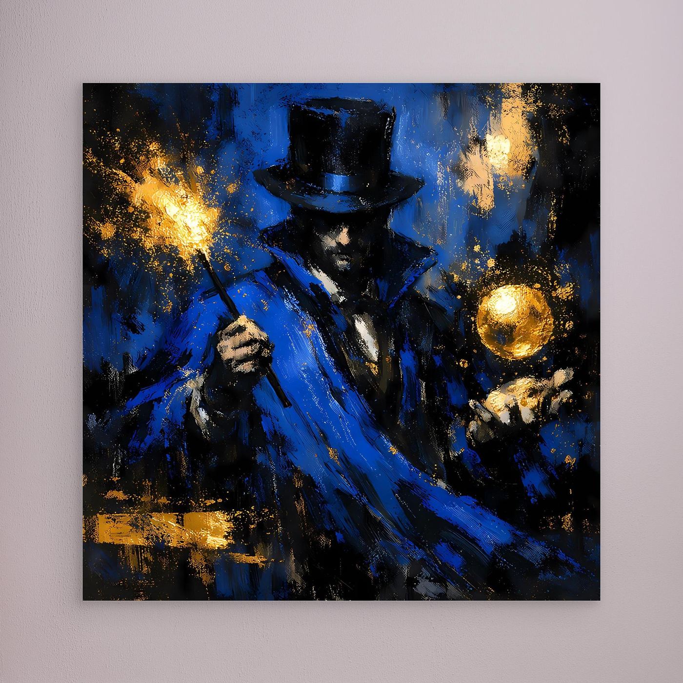 Leinwand Mystischer Magier in Blau und Gold | Abstraktes Fantasy Wandbild Moderne Kunst