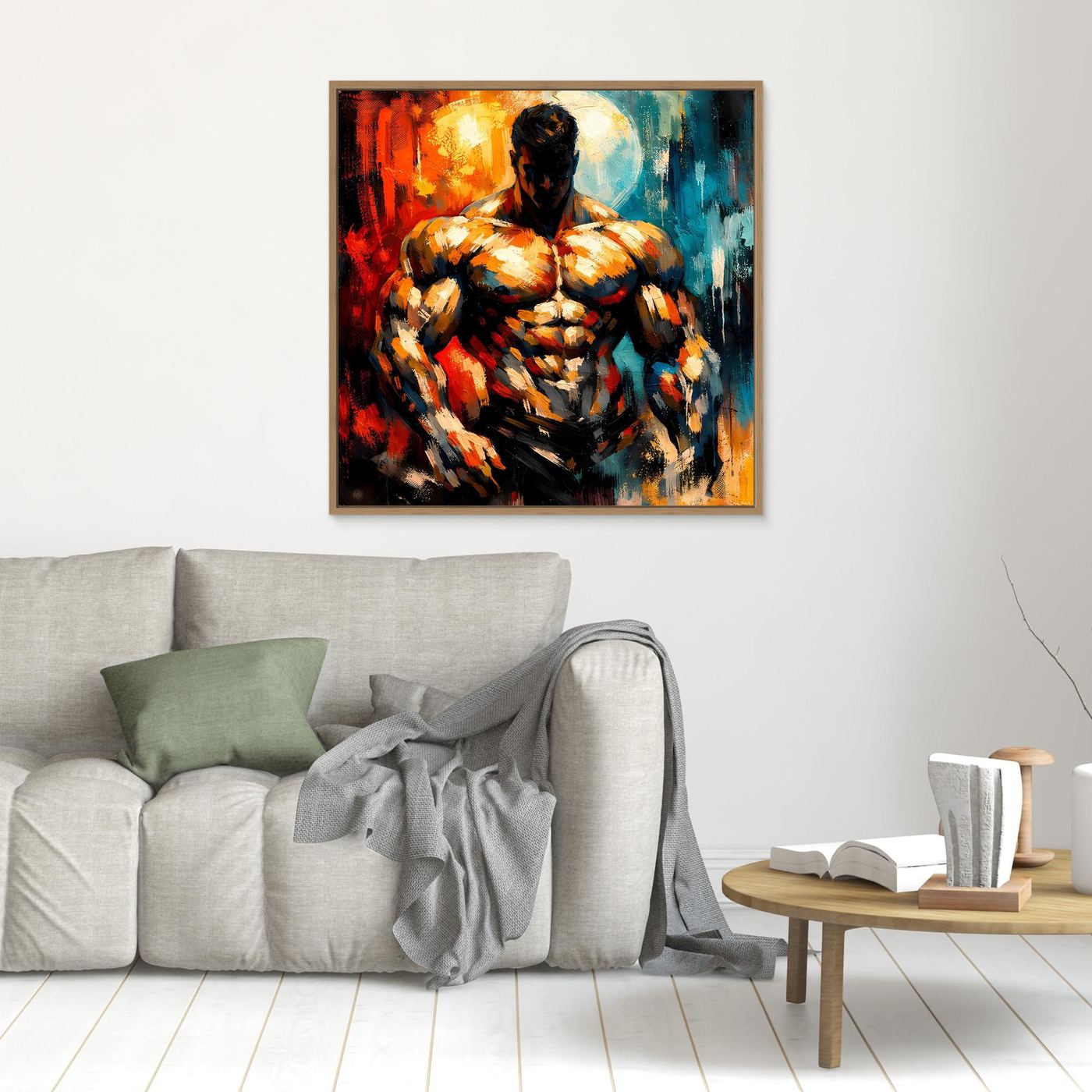 Kleines gerahmtes Leinwandbild mit muskulöser abstrakter Person, Rahmen in hellem Holzton