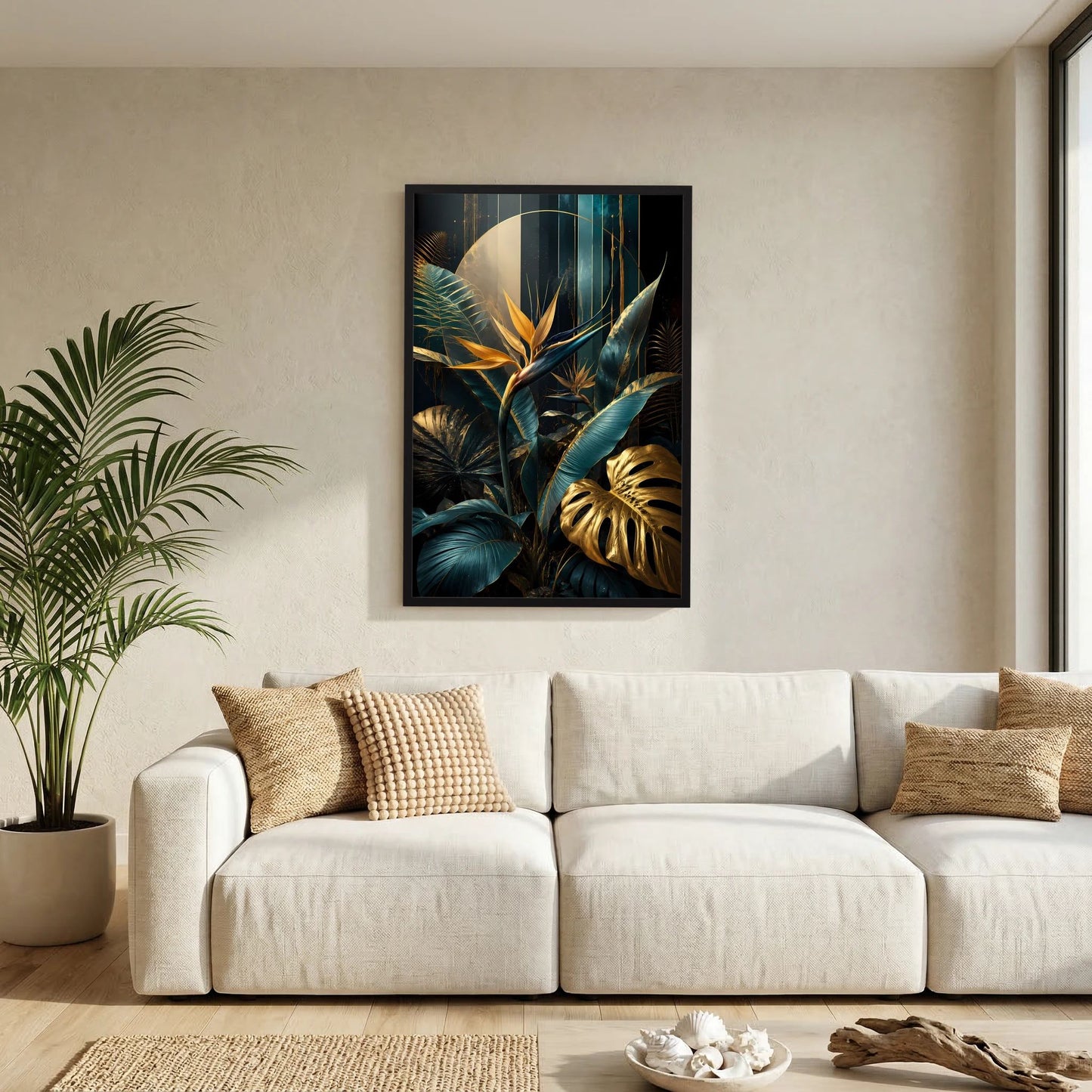 Gerahmtes Poster mit tropischen Blättern in Petrol und Gold, schwarze Rahmung