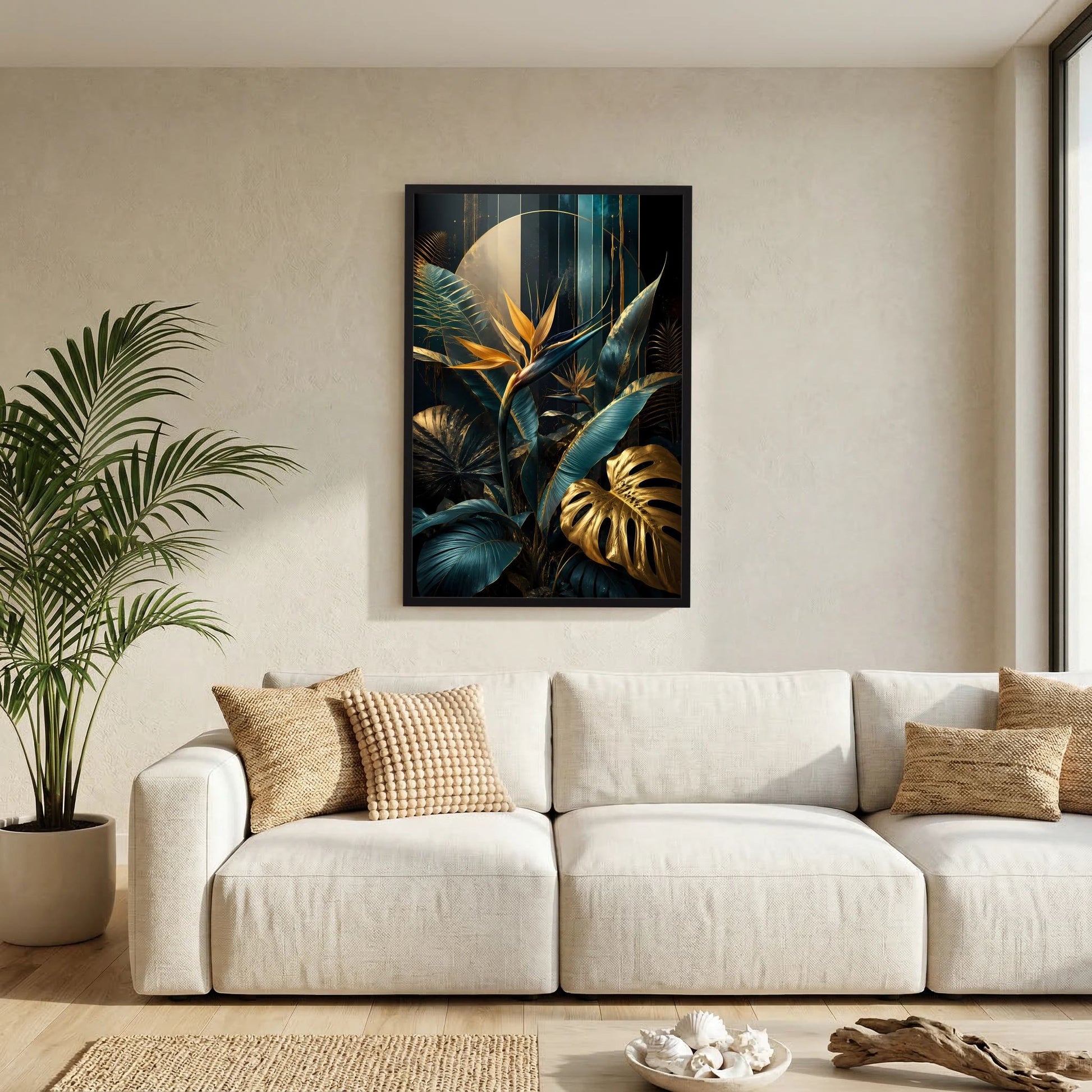 Gerahmtes Poster mit tropischen Blättern in Petrol und Gold, schwarze Rahmung