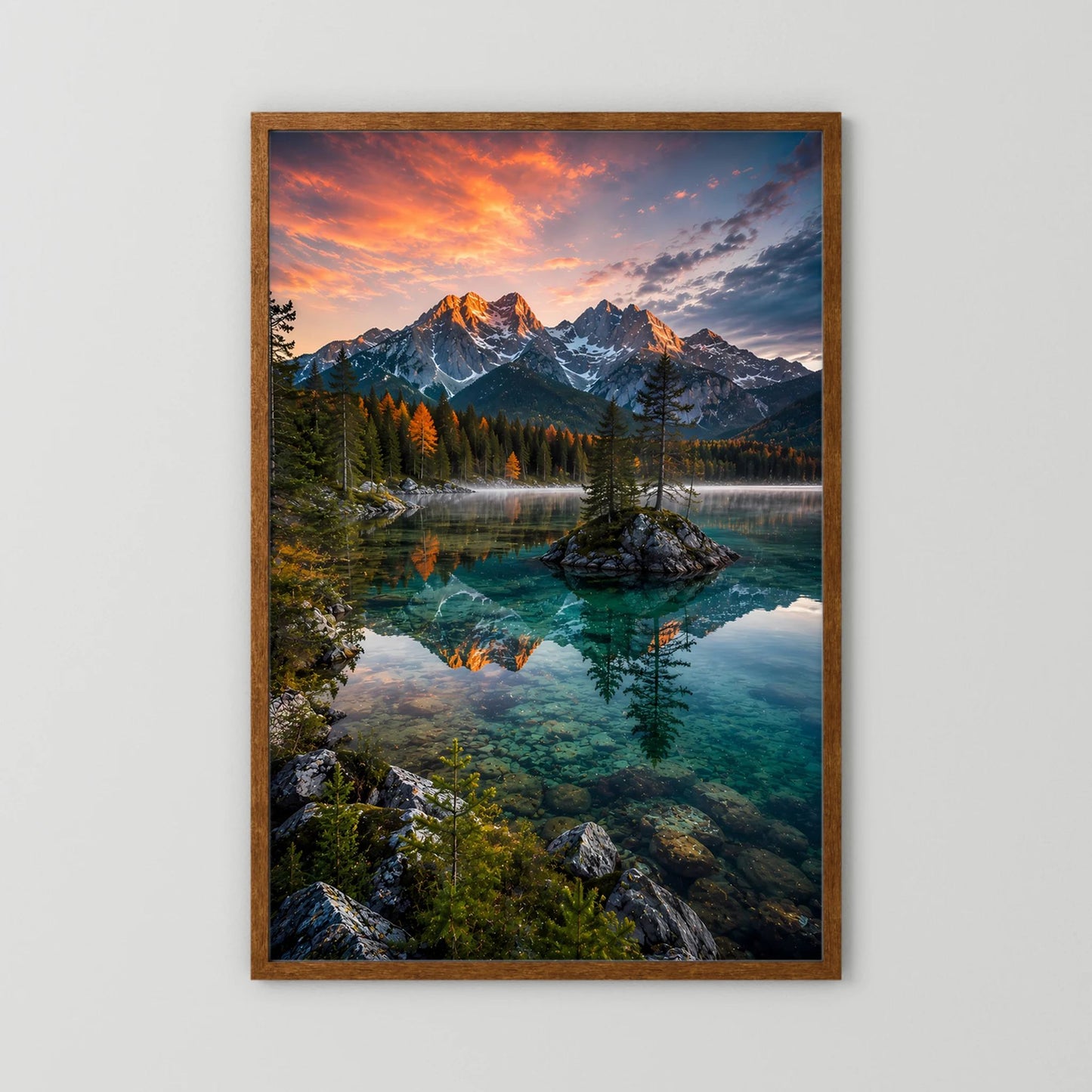 Kristallklarer Bergsee im Abendlicht | Bergpanorama mit Spiegelung | Poster Hochformat