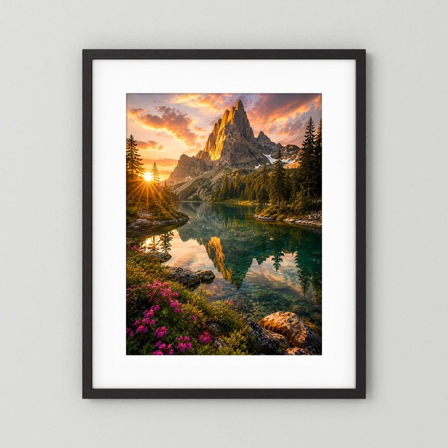 Poster im Hochformat mit Bergsee bei Sonnenuntergang im dunklen Rahmen mit weißem Passepartout