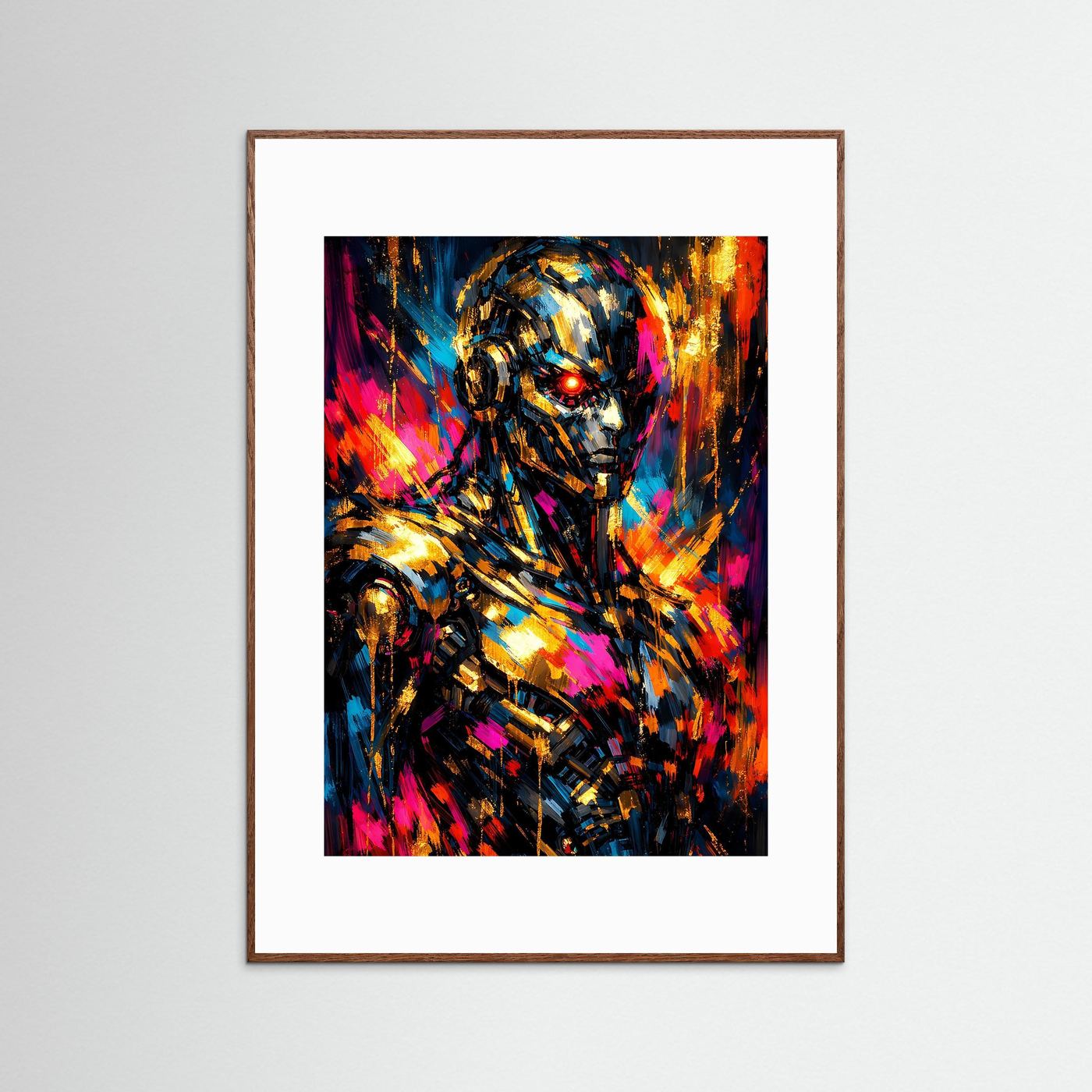 Gerahmtes Hochformat-Poster mit abstraktem Maschinenkopf in Neonfarben, brauner Holzrahmen