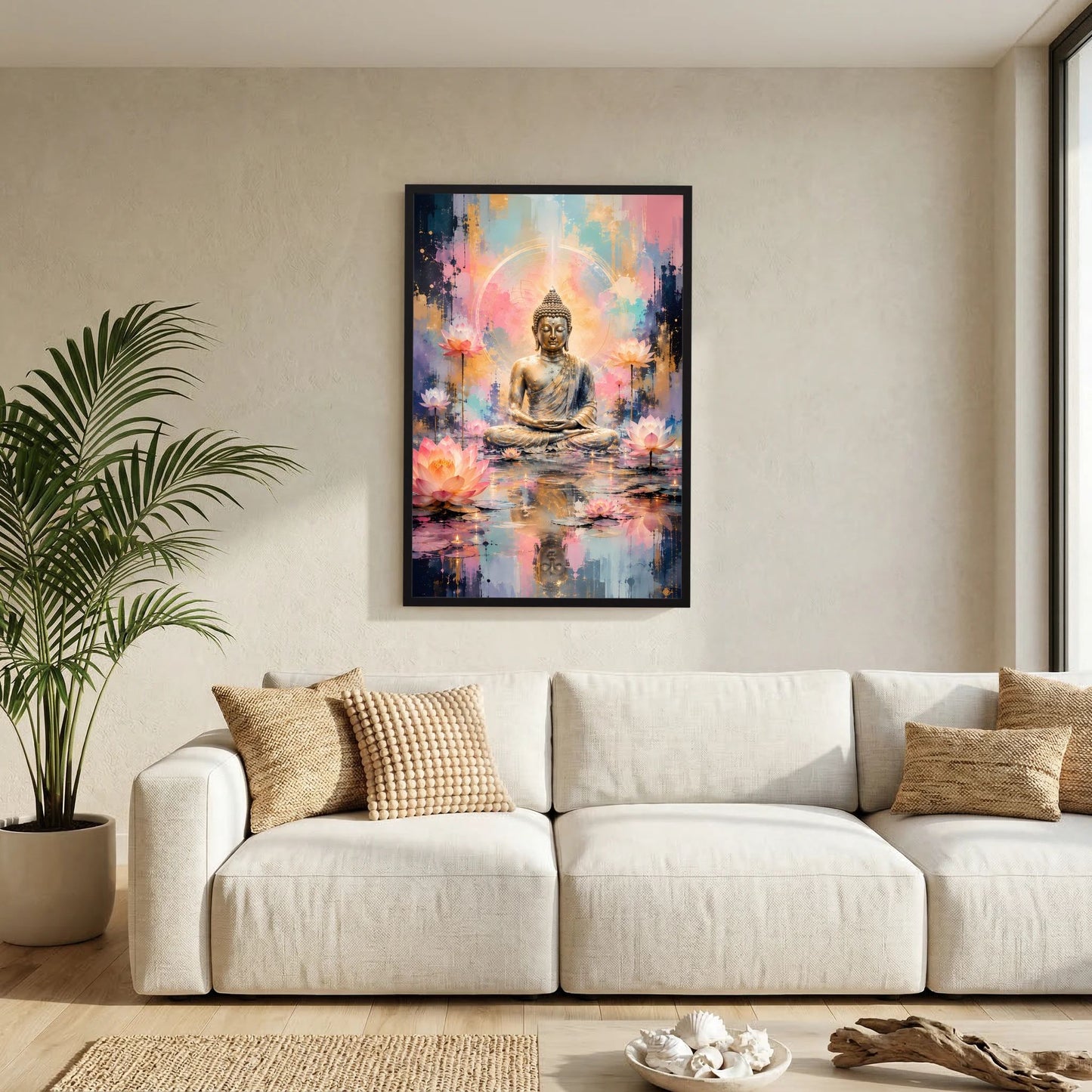 Poster: meditierender Buddha mit goldener Statue und Lotusblüten, Abstraktmotiv im schwarzen Rahmen