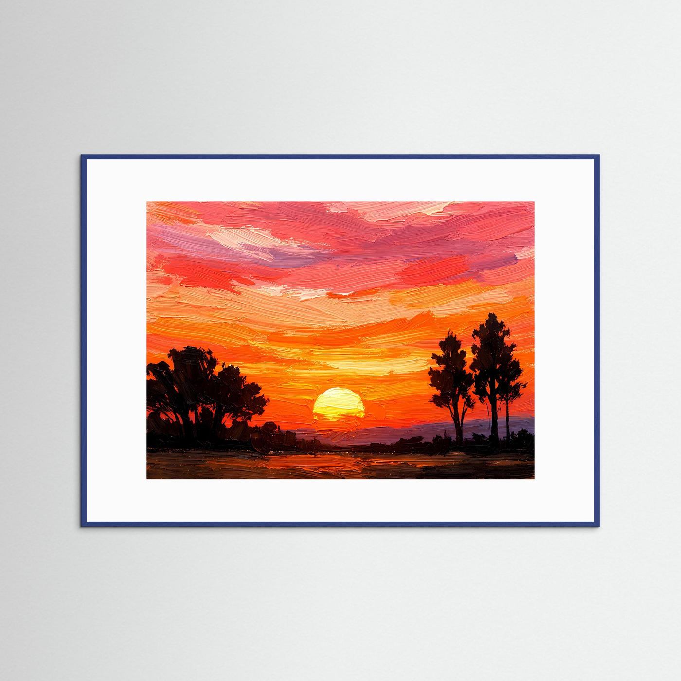 Gerahmtes Kunstdruck-Poster mit Sonnenuntergang und Silhouetten, blauer Rahmen