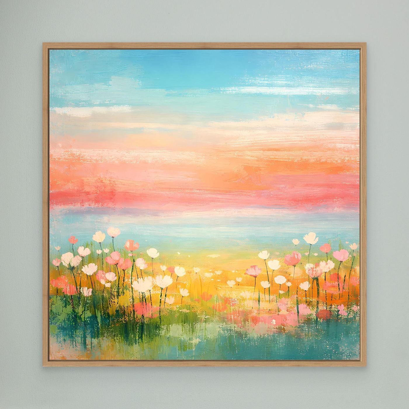 Abstraktes Leinwandbild mit Eichenholzrahmen: Blumenwiese am Meer, Pastellhimmel
