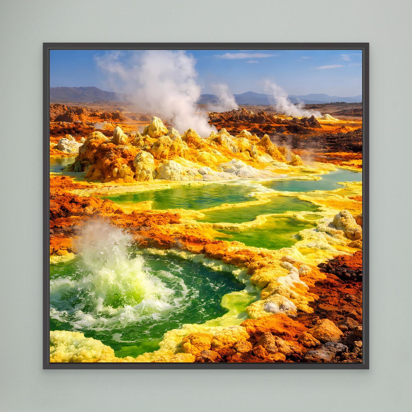 Gerahmtes Leinwandbild mit Dallol-Vulkan und hydrothermalen Quellen, gelb-grünes Wasser