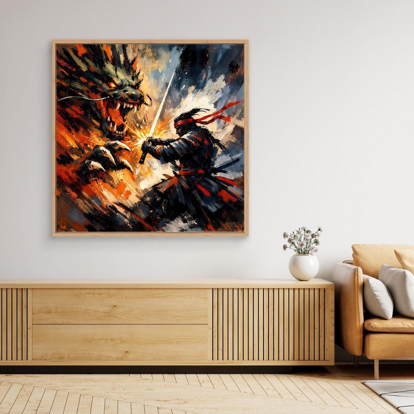 Premium Leinwand Samurai gegen Drache | Abstraktes Fantasy Wandbild Voller Dynamik & Kampfgeist
