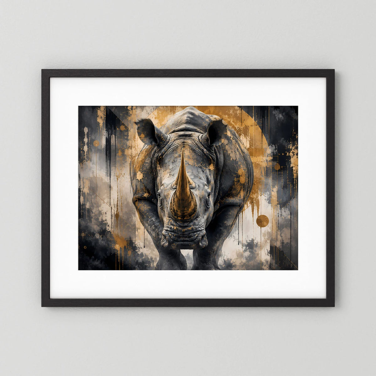 Abstraktes Nashorn-Poster mit schwarzem Holzrahmen, Schwarz-Gold Tiermotiv im Querformat