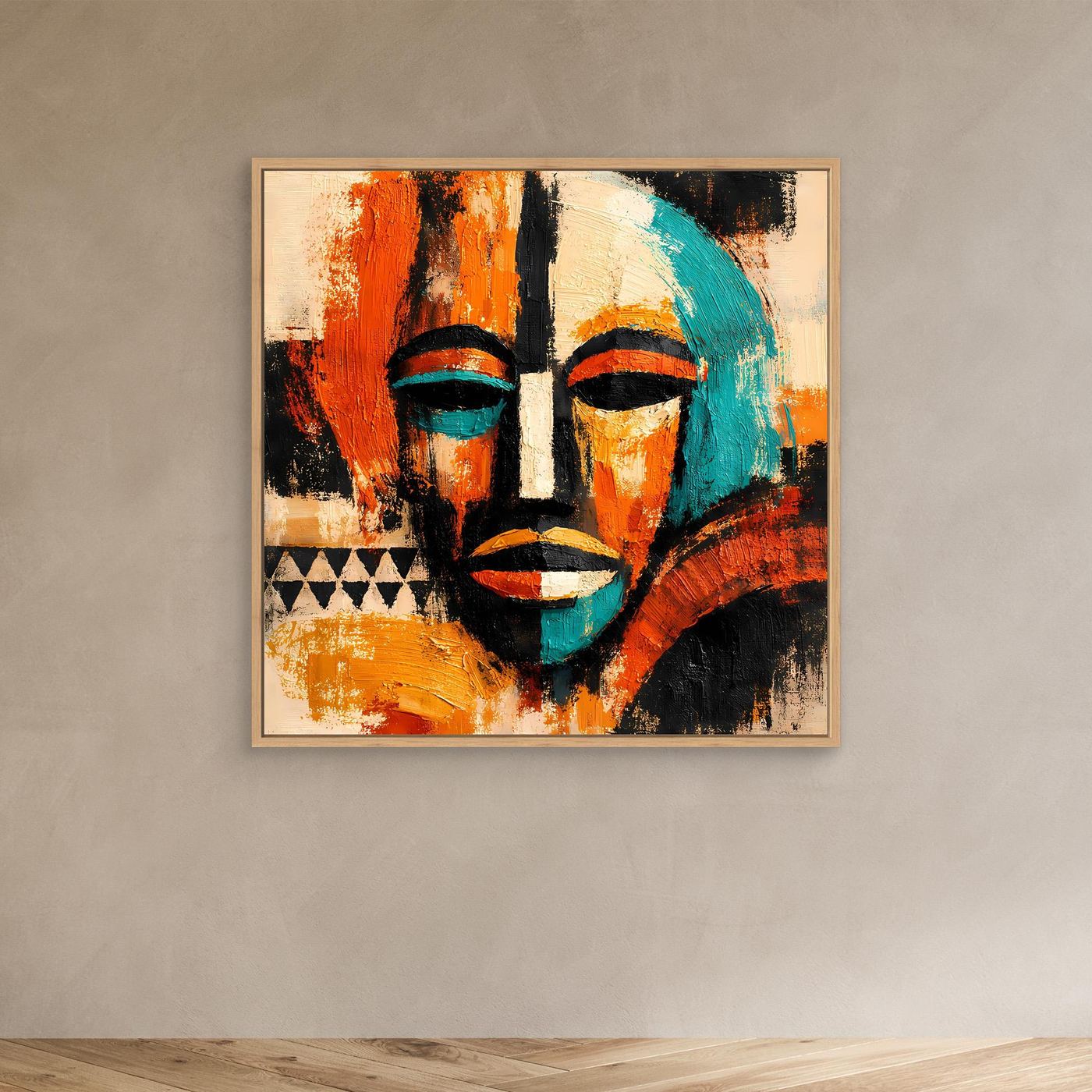 Abstract mask portrait canvas with teal and orange faces and black accents, oak frame