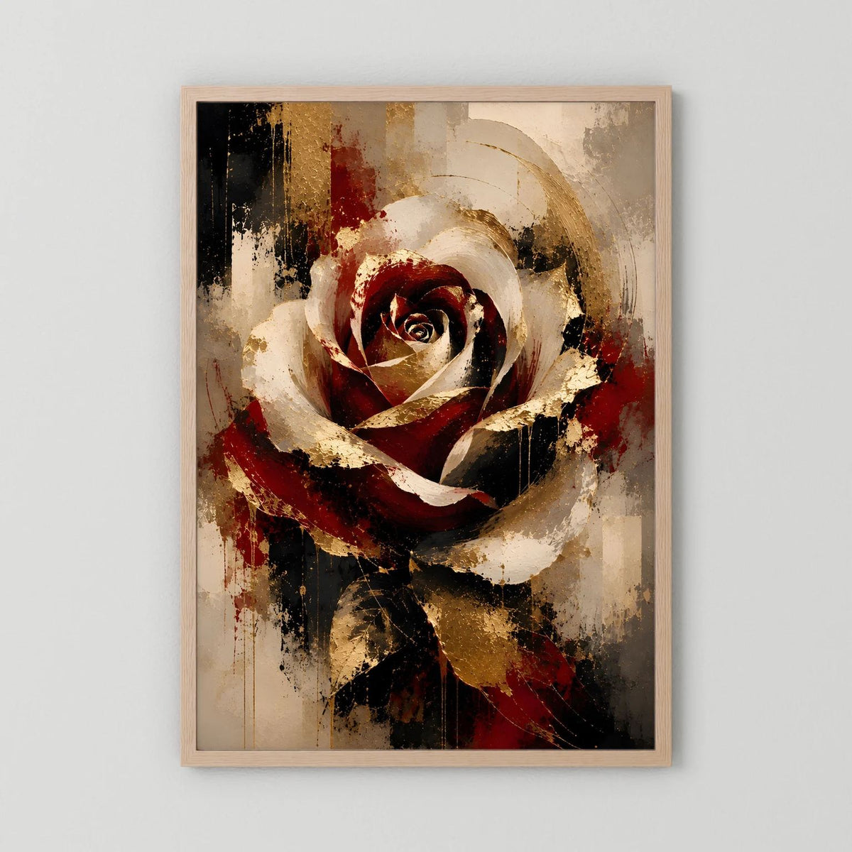 Poster im Hochformat mit abstrakter Rose in Rot, Gold und Schwarz, hellbraun gerahmt