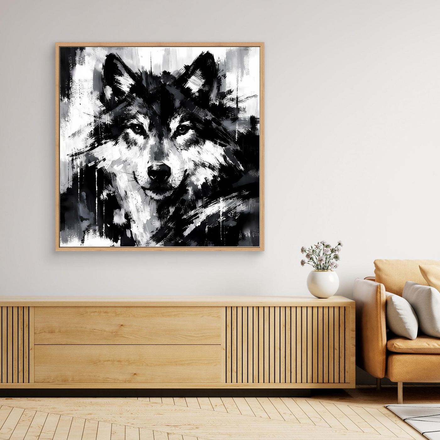 Leinwand-Wandbild mit abstraktem Wolf in Schwarzweiß, mit Eichenrahmen