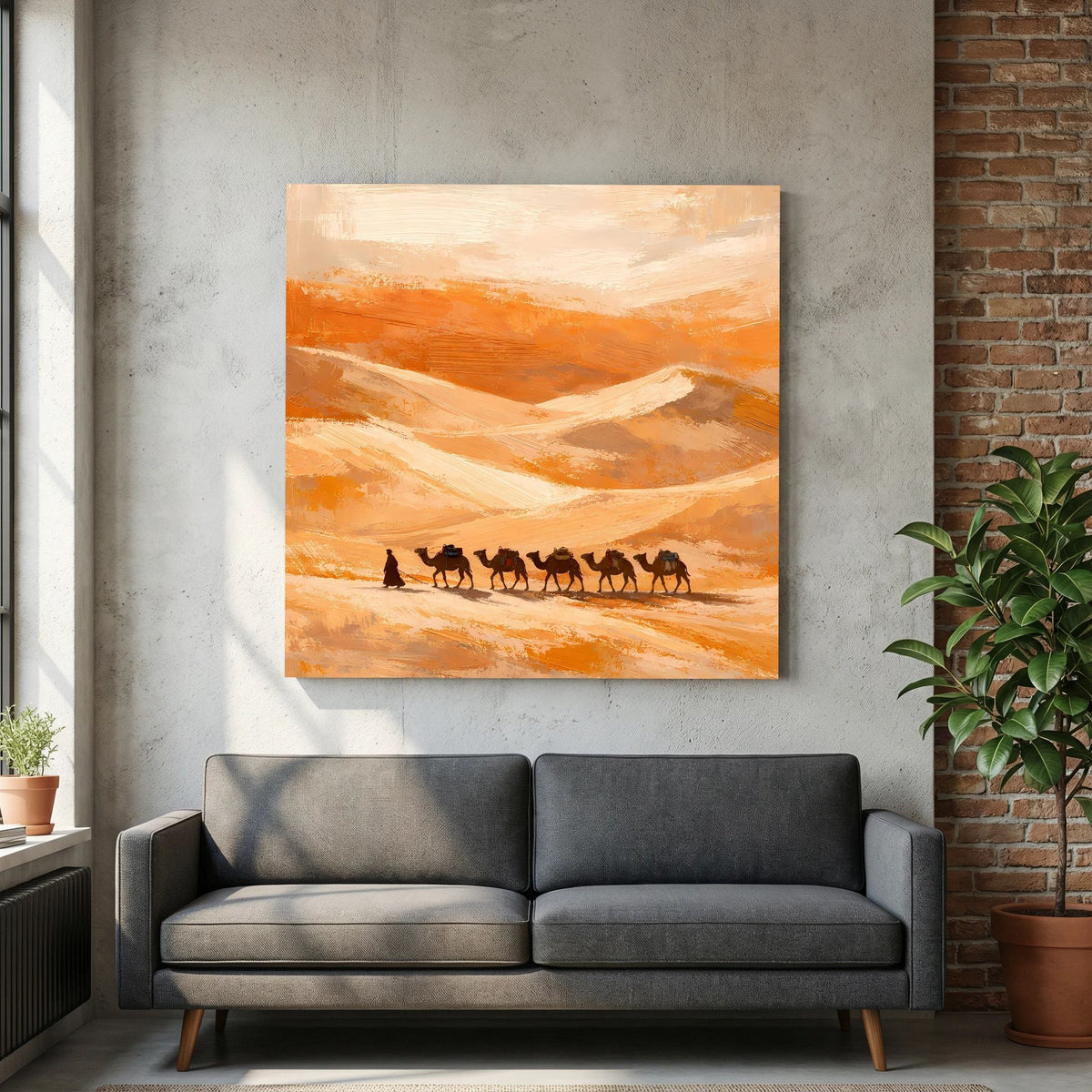Leinwand-Wandbild mit hellem Holzrahmen: orange Wüste mit Karawane in dunkler Silhouette