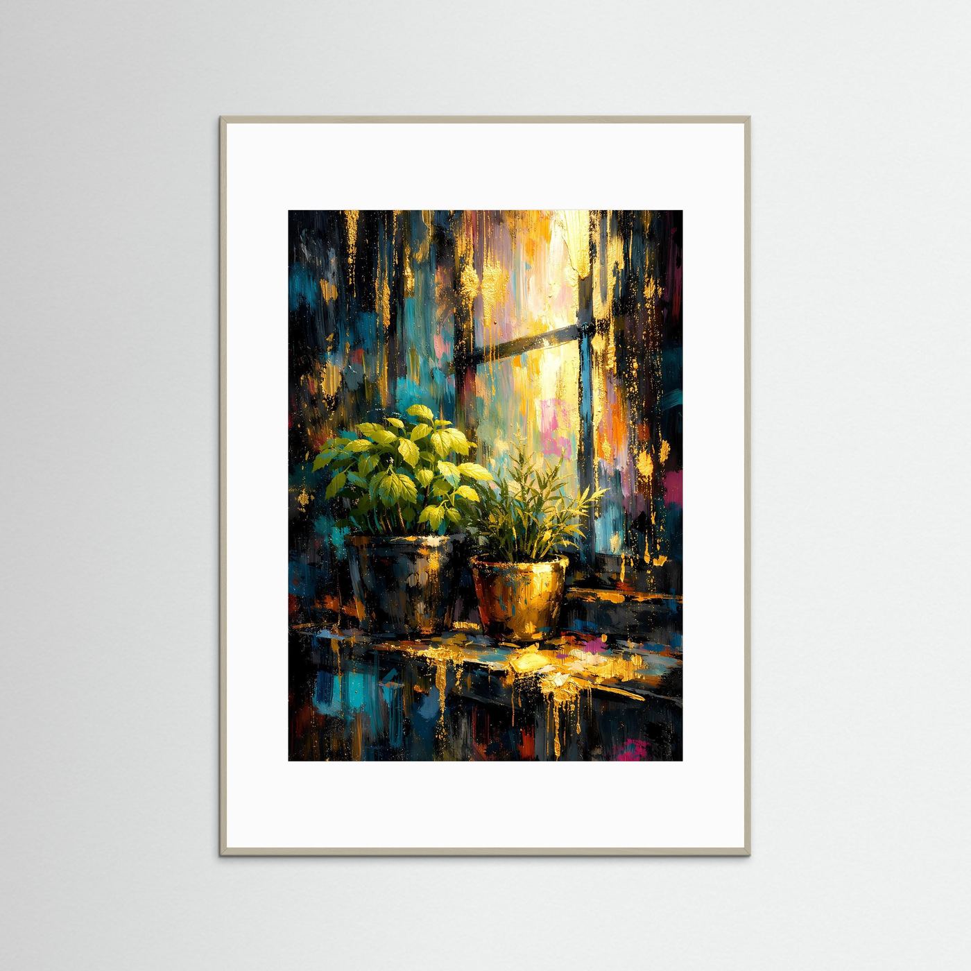 Hochformat-Stillleben-Poster mit Pflanzen und Licht, grauer Rahmen