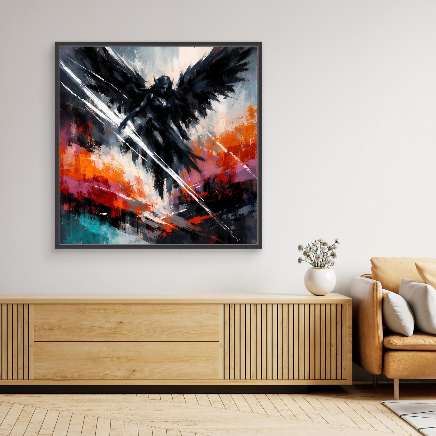 Gerahmtes Leinwand-Wandbild mit schwarzem Engelsmotiv, orange und türkis, schwarzer Rahmen