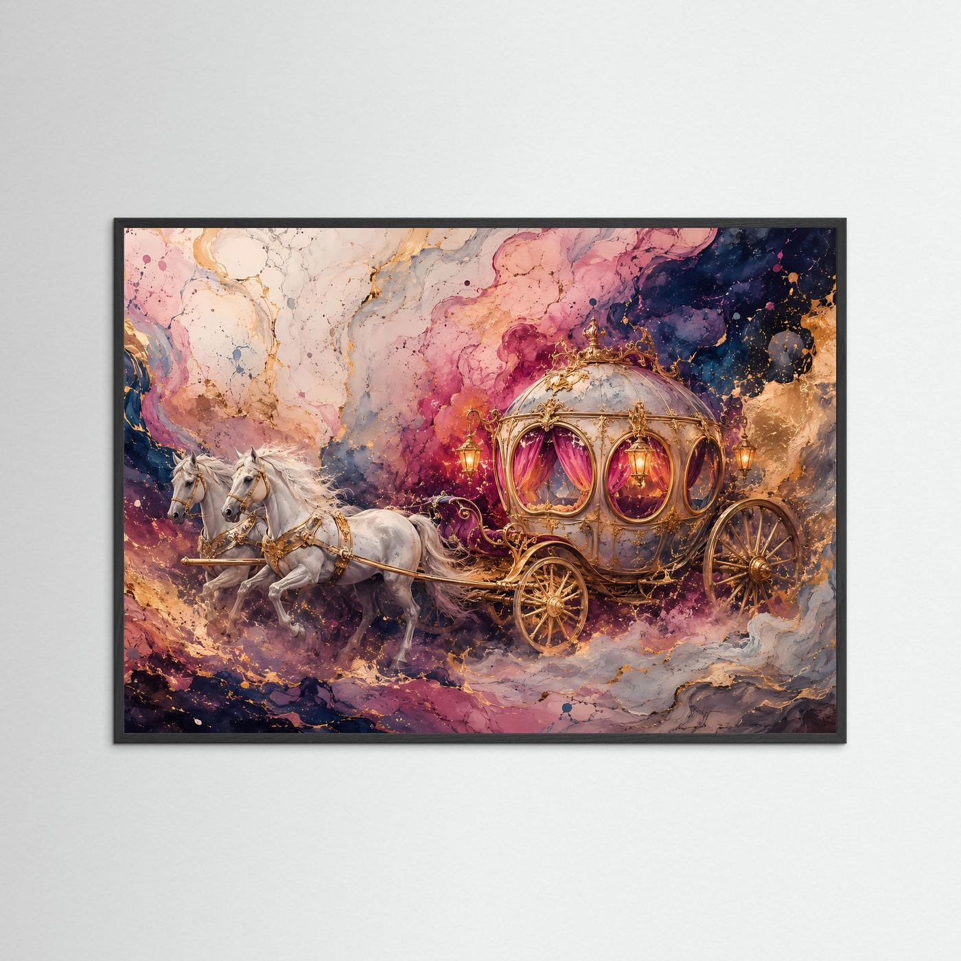 Märchenhafte Kutsche mit weißen Pferden | Fantasy Kunst in Rosa & Gold