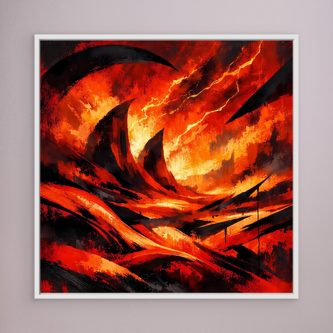 Wandbild auf Leinwand mit abstrakter Lava und Blitzen, weißer Rahmen