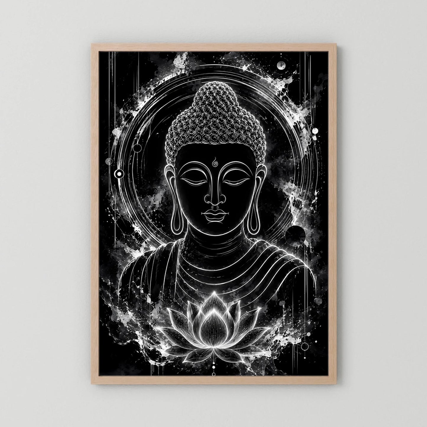 Hochformat-Poster mit Buddha-Gesicht, Lotusblüte und Lichtkreis, schwarz-weiß, Holzrahmen natur