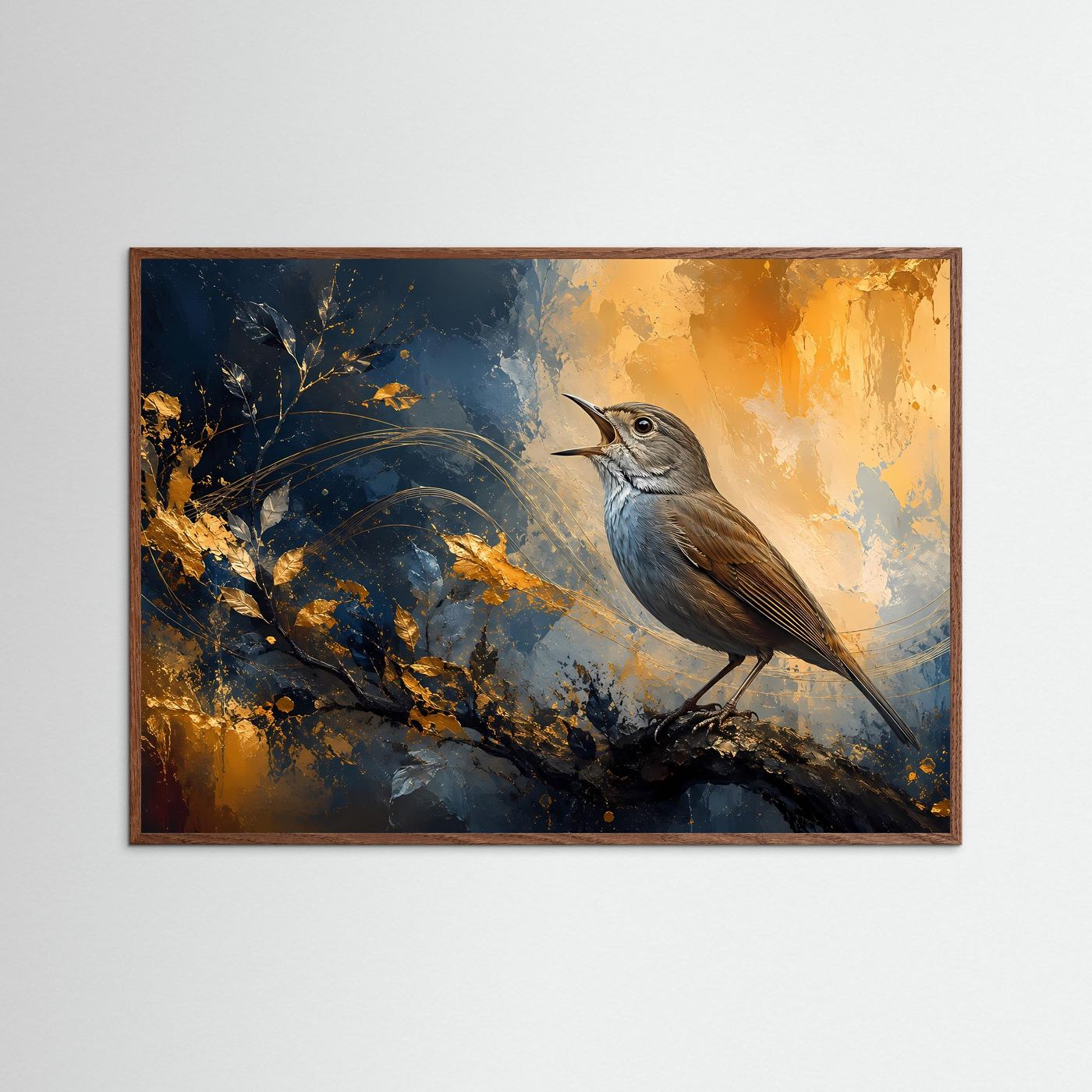 Singvogel Poster Modern | Vogel Wandbild Blau Gold | Abstrakte Naturkunst | Eleganter Waldvogel Fine Art | Leinwand Wohnzimmer