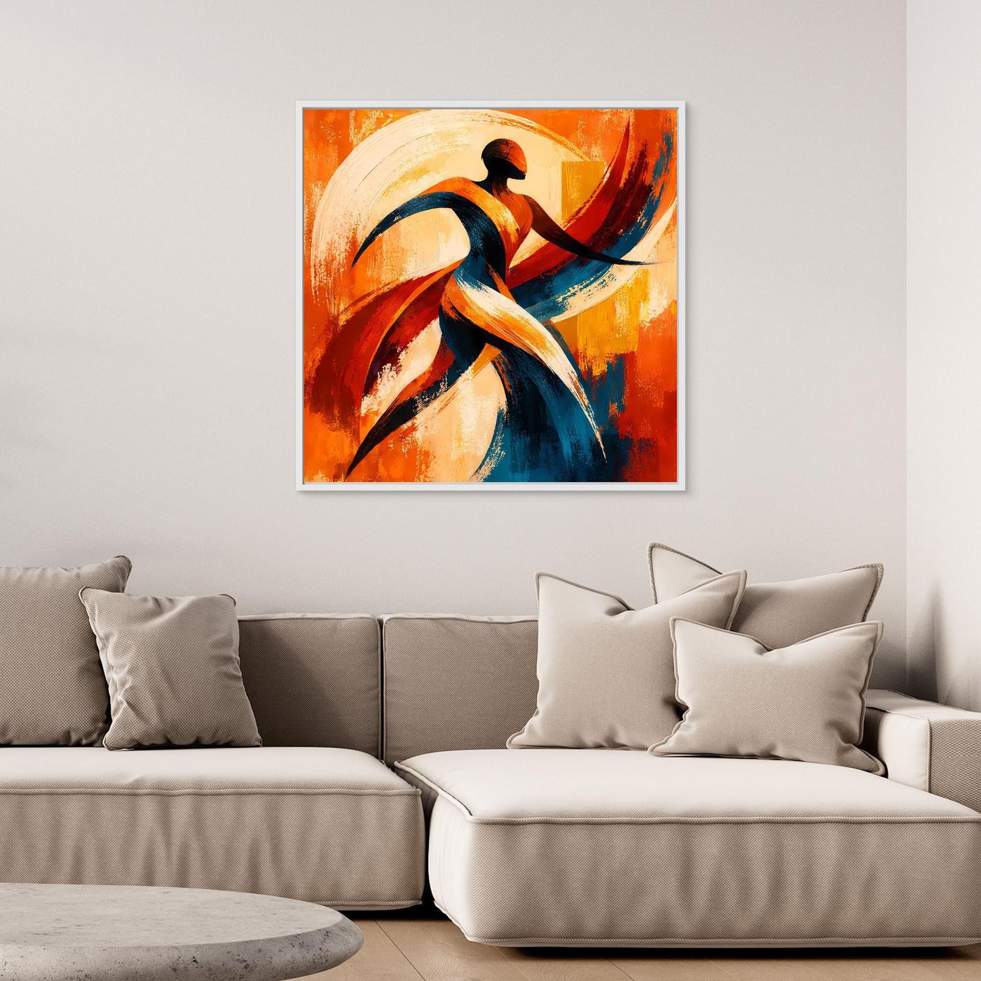 Leinwandbild mit abstrakter Tänzer-Silhouette in Orange, Blau und Rot, hell gerahmt.