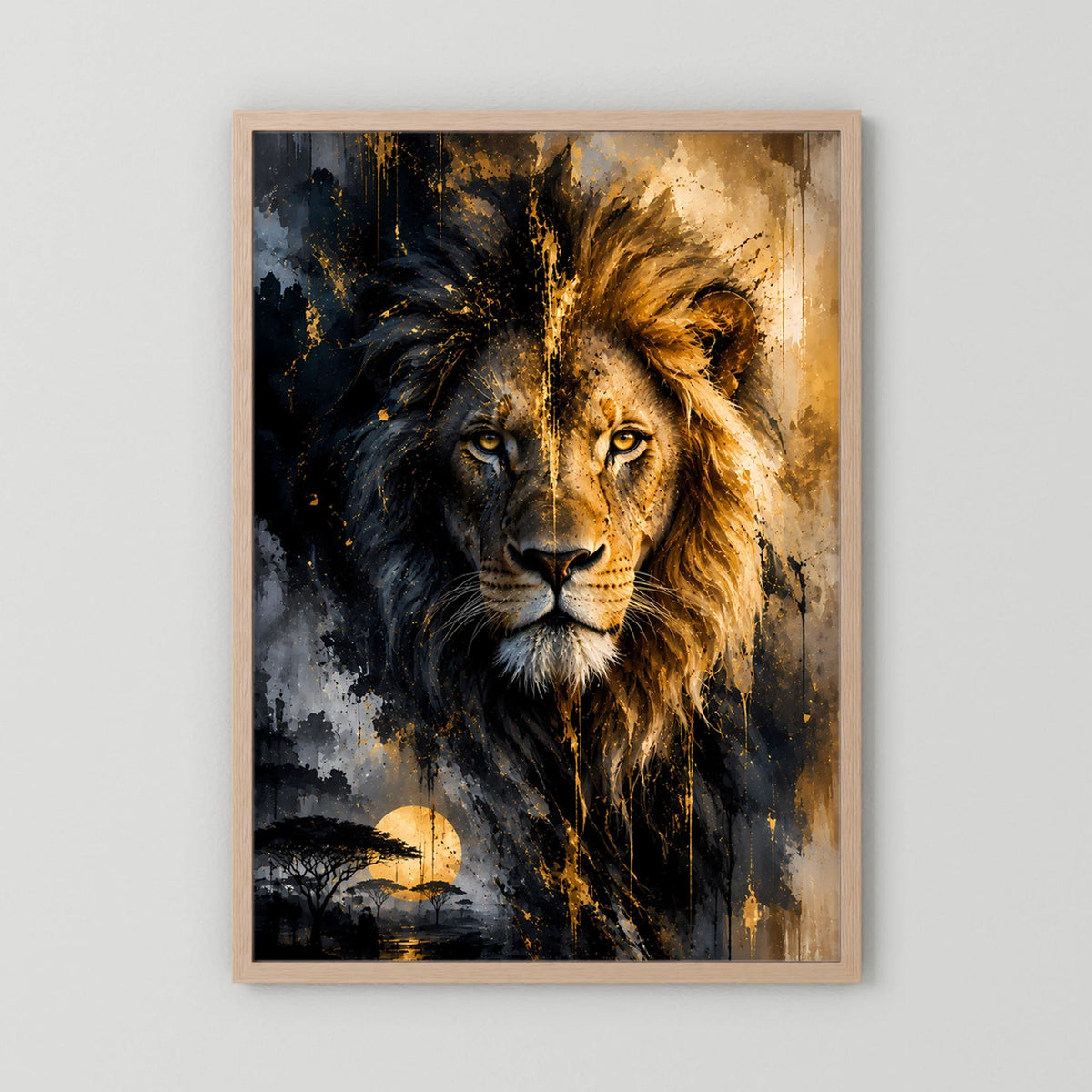 Löwenposter mit hellem Holzrahmen (Eiche), abstraktes Löwenporträt in Schwarz und Gold