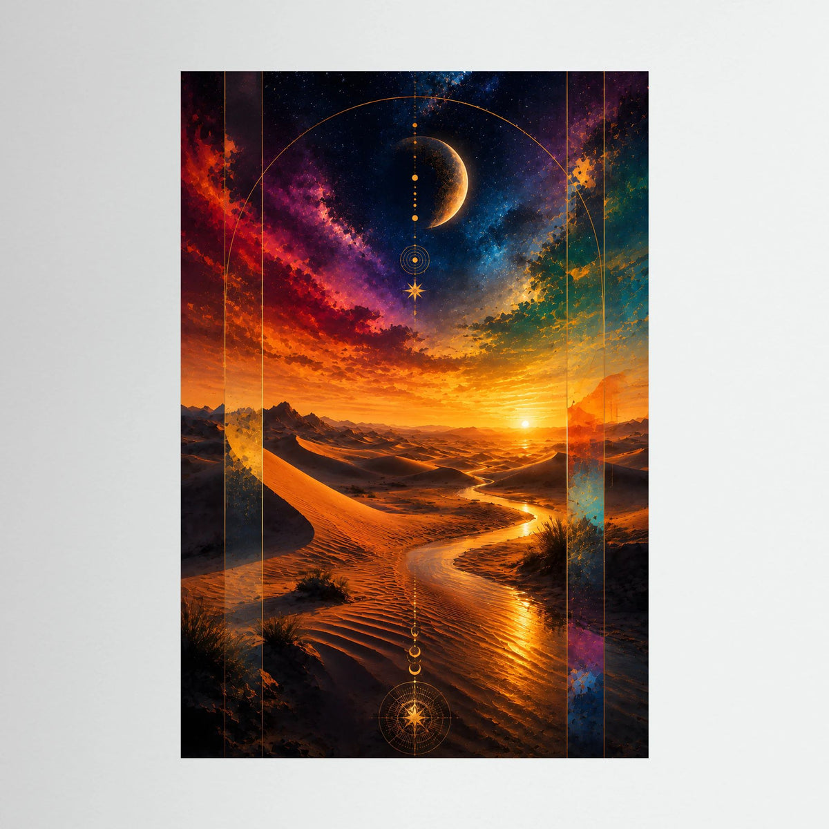 Hochformat-Poster: kosmische Wüste mit Halbmond, Sonnenuntergang und leuchtenden Dünenpfaden