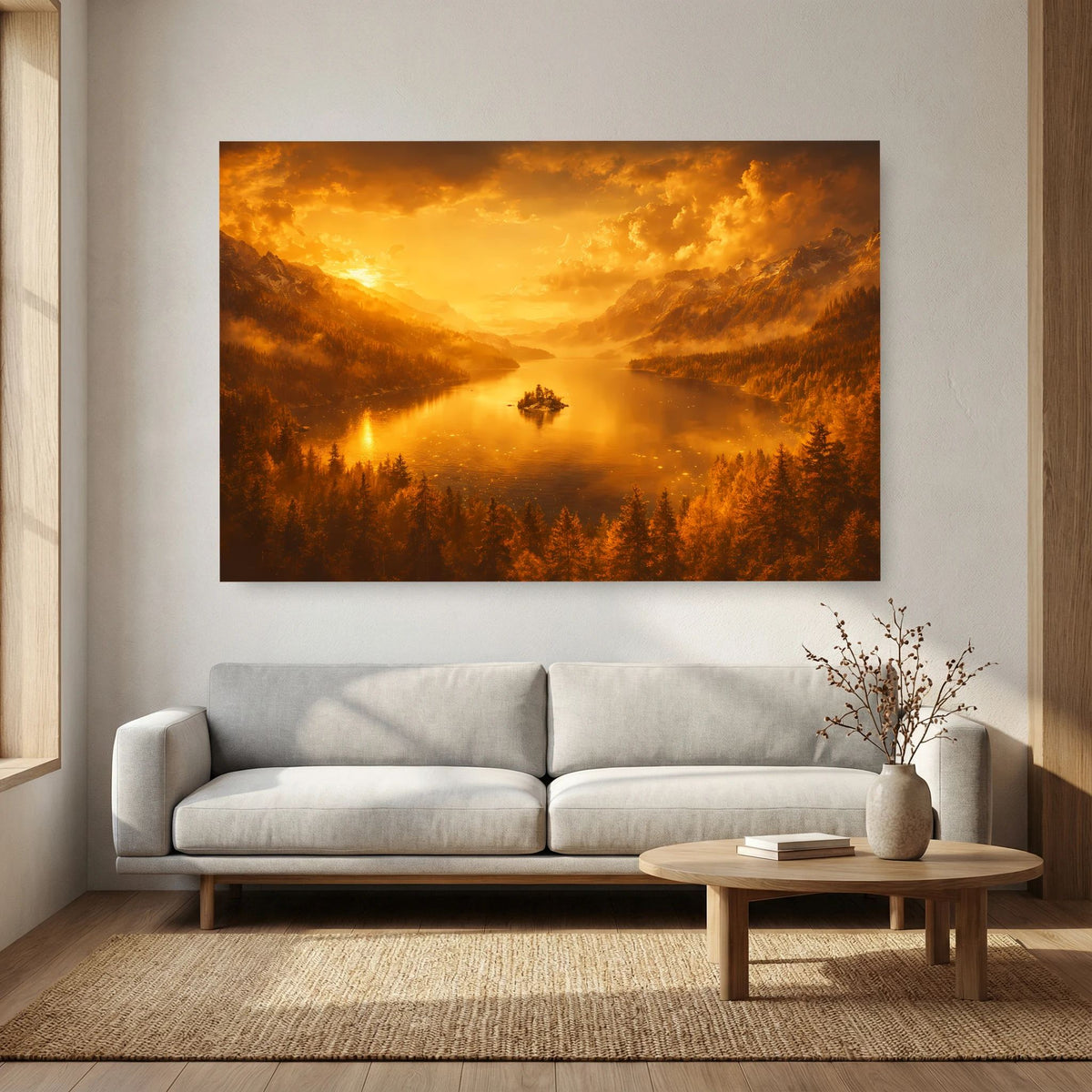 Wandbild im Querformat: goldener Bergsee zwischen Bergen im Abendlicht